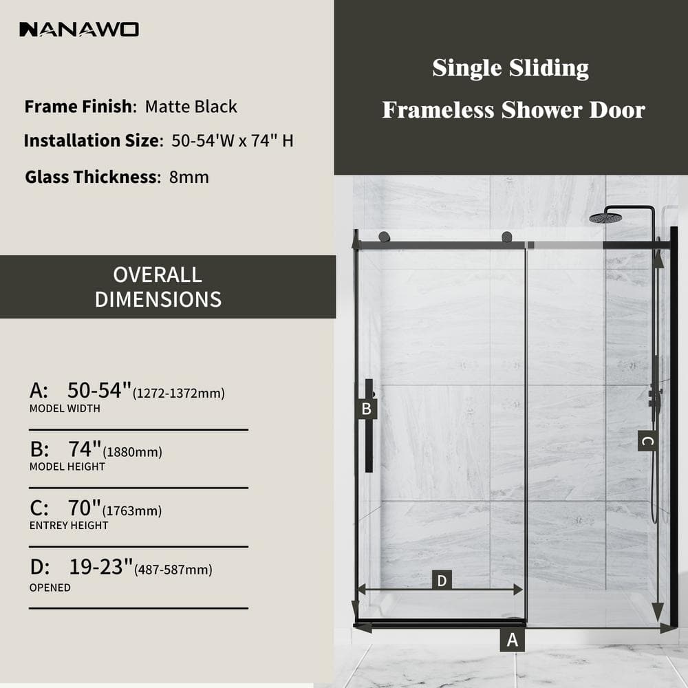 NANAWO Obsidian 54 in. W x 74 in. H Single Sliding Frameless Shower Door in Matt Black with Clear 5/16 in. Glass