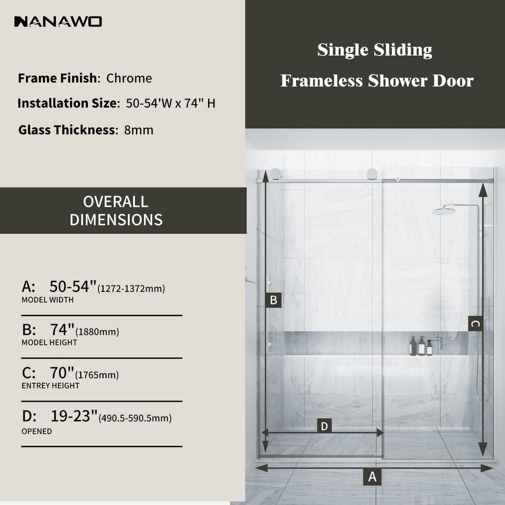 NANAWO HAIMA 54 in. W x 74 in. H Single Sliding Frameless Shower Door in Chrome with Clear 5/16 in. Glass
