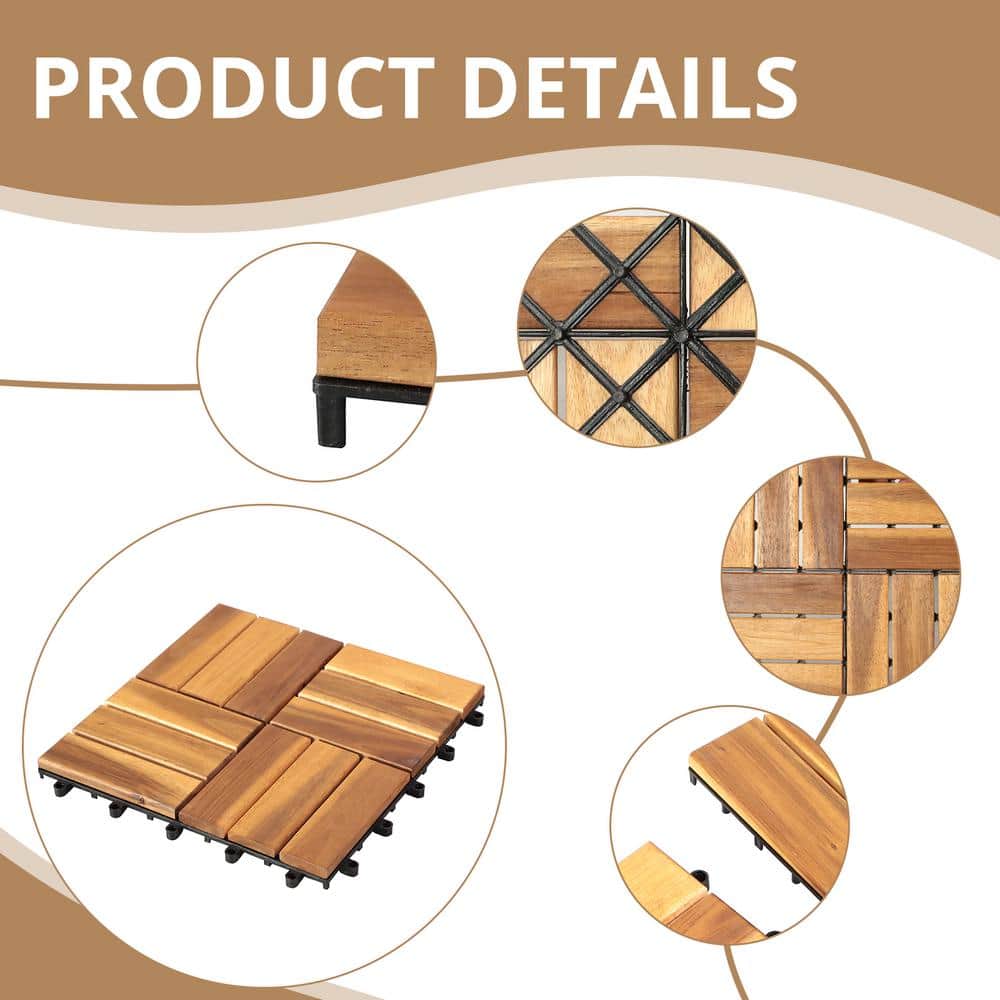 Yangming 12 in. W x 12 in. L Square Patio Natural Color Wood Interlocking Flooring Deck Tiles Mosaic Pattern (10-Pack)