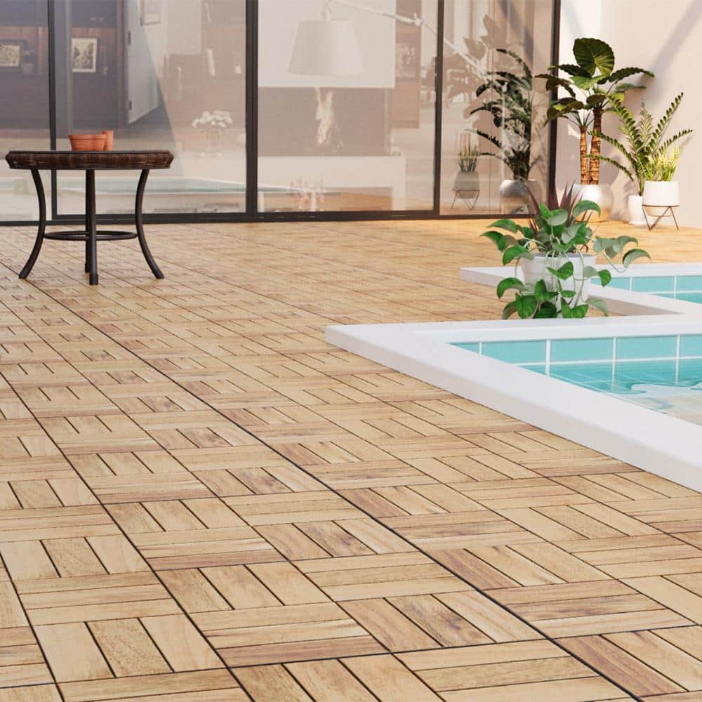 YOFE Natural Acacia Wood 3/4 in. T x 12 in. W Solid Hardwood Flooring Interlocking Deck Tiles-Checker Pattern(30 sq.ft./case)