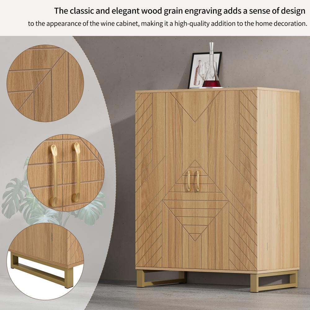 FUNKOL 31.5 in. x 18.5 in. x 42.5 in. Natural Color MDF Carved Wine Cabinet with 2 Folding-Doors and Multiple Wine Racks