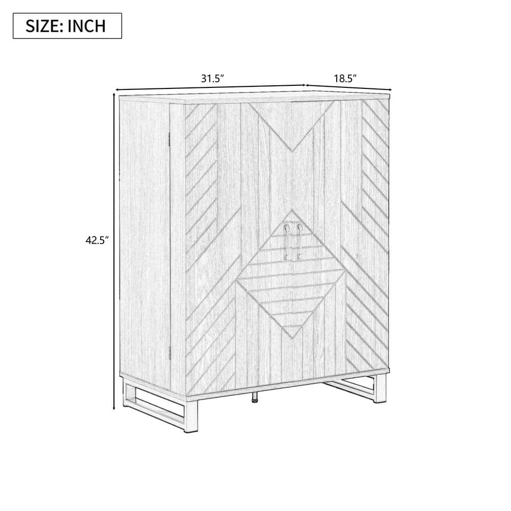 FUNKOL 31.5 in. x 18.5 in. x 42.5 in. Natural Color MDF Carved Wine Cabinet with 2 Folding-Doors and Multiple Wine Racks