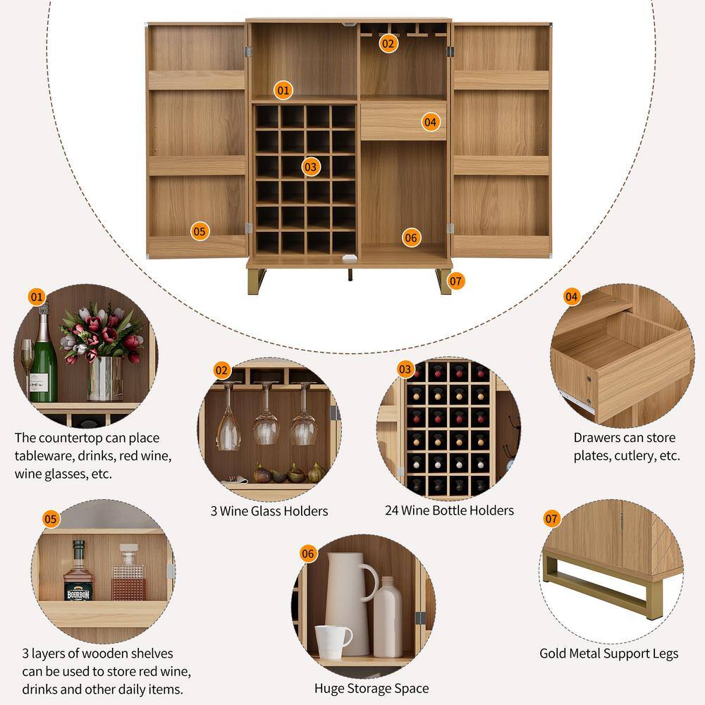 FUNKOL 31.5 in. x 18.5 in. x 42.5 in. Natural Color MDF Carved Wine Cabinet with 2 Folding-Doors and Multiple Wine Racks