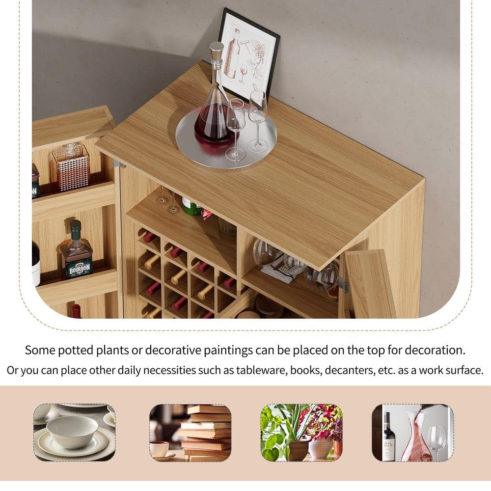 FUNKOL 31.5 in. x 18.5 in. x 42.5 in. Natural Color MDF Carved Wine Cabinet with 2 Folding-Doors and Multiple Wine Racks