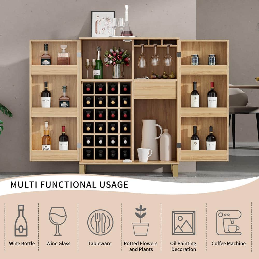 FUNKOL 31.5 in. x 18.5 in. x 42.5 in. Natural Color MDF Carved Wine Cabinet with 2 Folding-Doors and Multiple Wine Racks