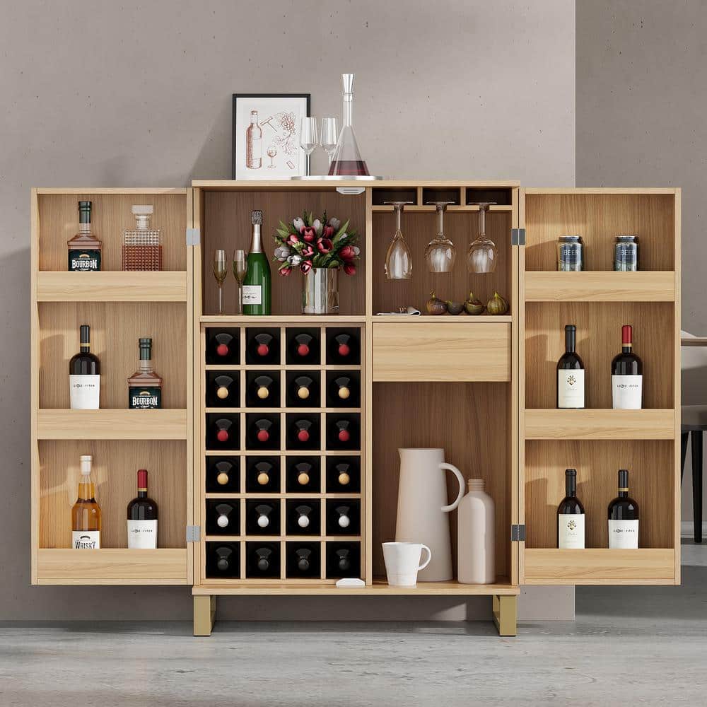 FUNKOL 31.5 in. x 18.5 in. x 42.5 in. Natural Color MDF Carved Wine Cabinet with 2 Folding-Doors and Multiple Wine Racks