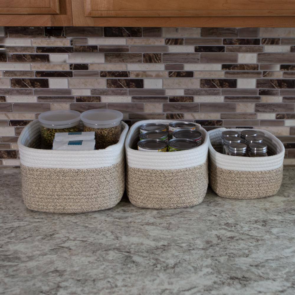 HOME-COMPLETE Tan Cube Storage Bin Rope Baskets 3-Piece Set