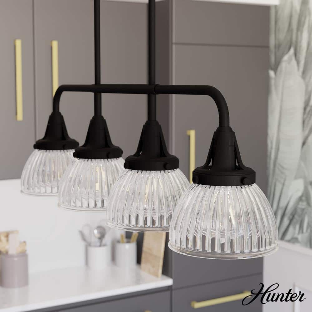 Hunter Cypress Grove 4 Light Natural Iron Billiard Chandelier with Clear Holophane Glass Shades Kitchen Light