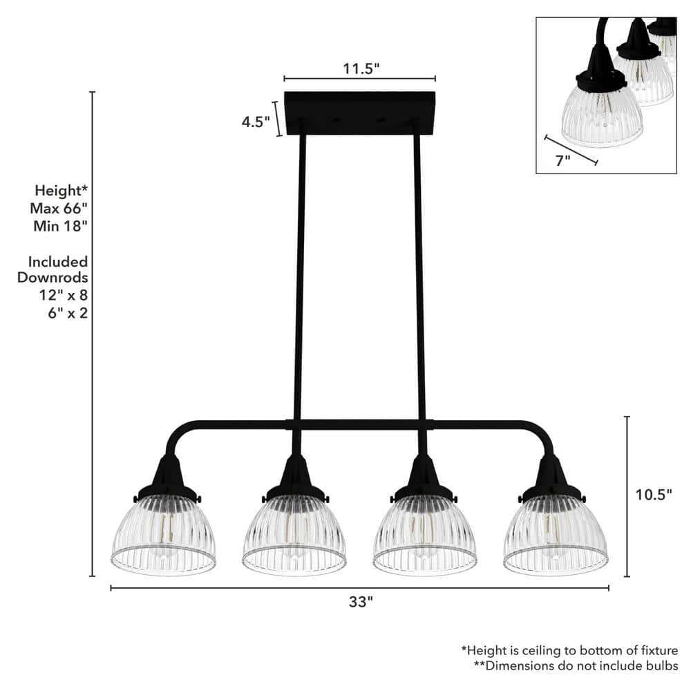 Hunter Cypress Grove 4 Light Natural Iron Billiard Chandelier with Clear Holophane Glass Shades Kitchen Light