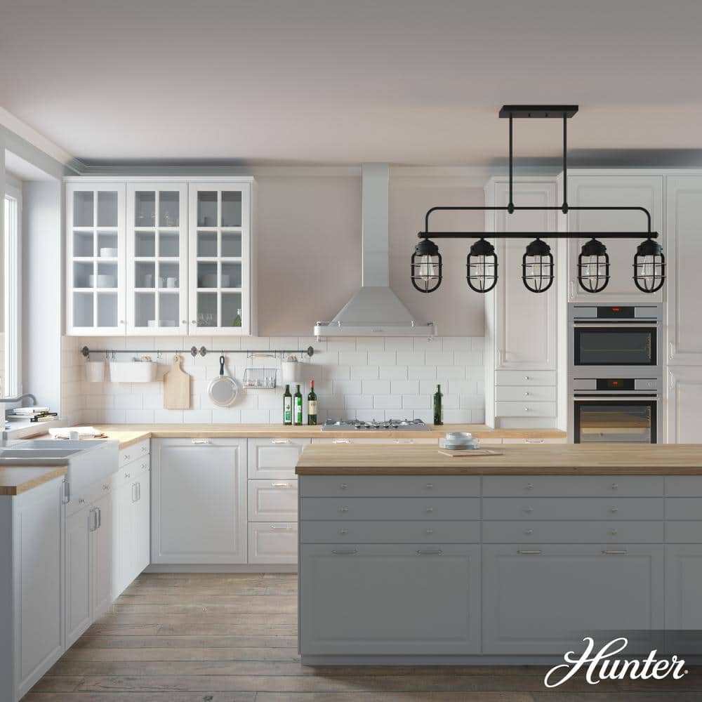 Hunter Starklake 5 Light Natural Iron Linear Chandelier with Metal Shades Kitchen Light
