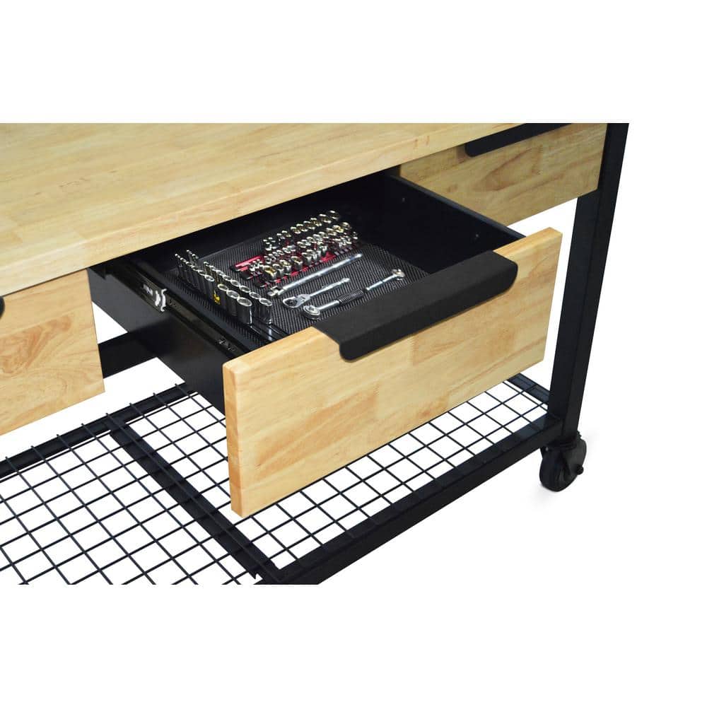 DURAMAX Rove 62 in. W x 24 in. D 3-Drawer Maple Rubberwood Mobile Workbench with Solid Wood Top