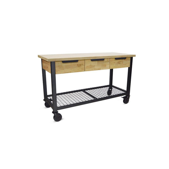 DURAMAX Rove 62 in. W x 24 in. D 3-Drawer Maple Rubberwood Mobile Workbench with Solid Wood Top