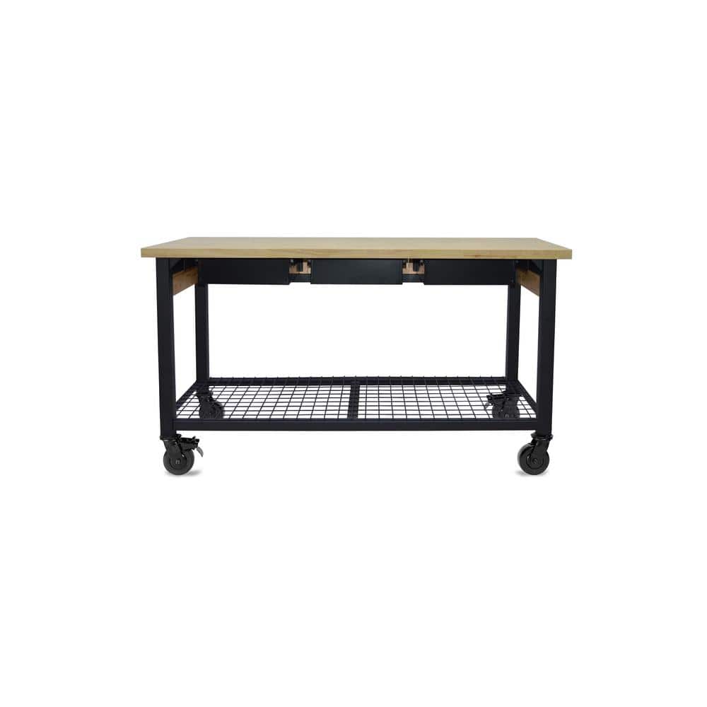 DURAMAX Rove 62 in. W x 24 in. D 3-Drawer Maple Rubberwood Mobile Workbench with Solid Wood Top