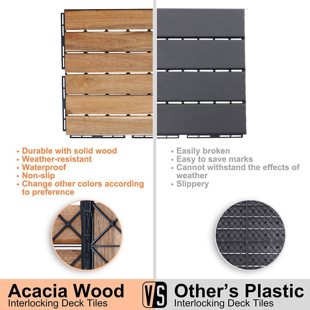 1 ft. x 1 ft. Acacia Wood Interlocking Deck Tiles in Natural, Indoor Outdoor Striped Pattern Floor Tiles (10 per Case)