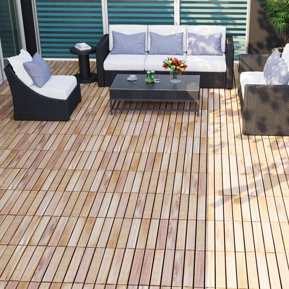 1 ft. x 1 ft. Acacia Wood Interlocking Deck Tiles in Natural, Indoor Outdoor Striped Pattern Floor Tiles (10 per Case)