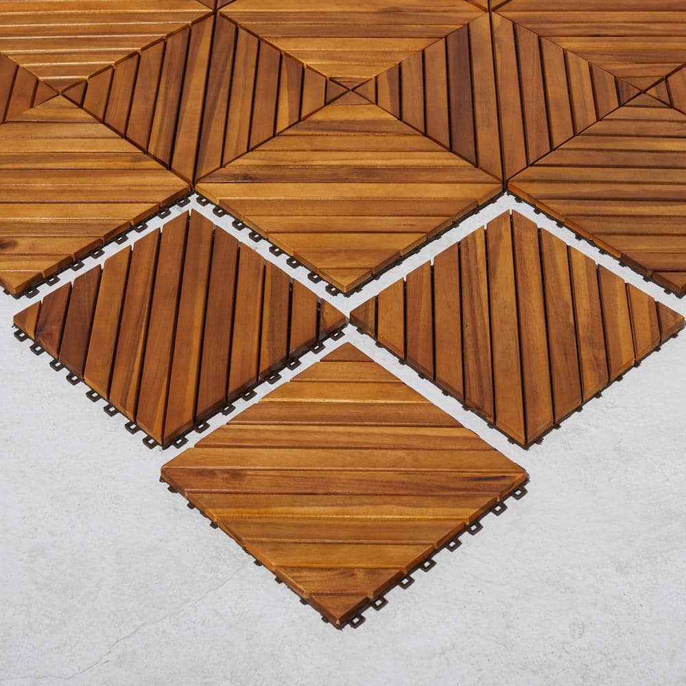 Siavonce 12-Diagonal Slat Acacia Interlocking Deck Tile (Set of 10 -Tiles)