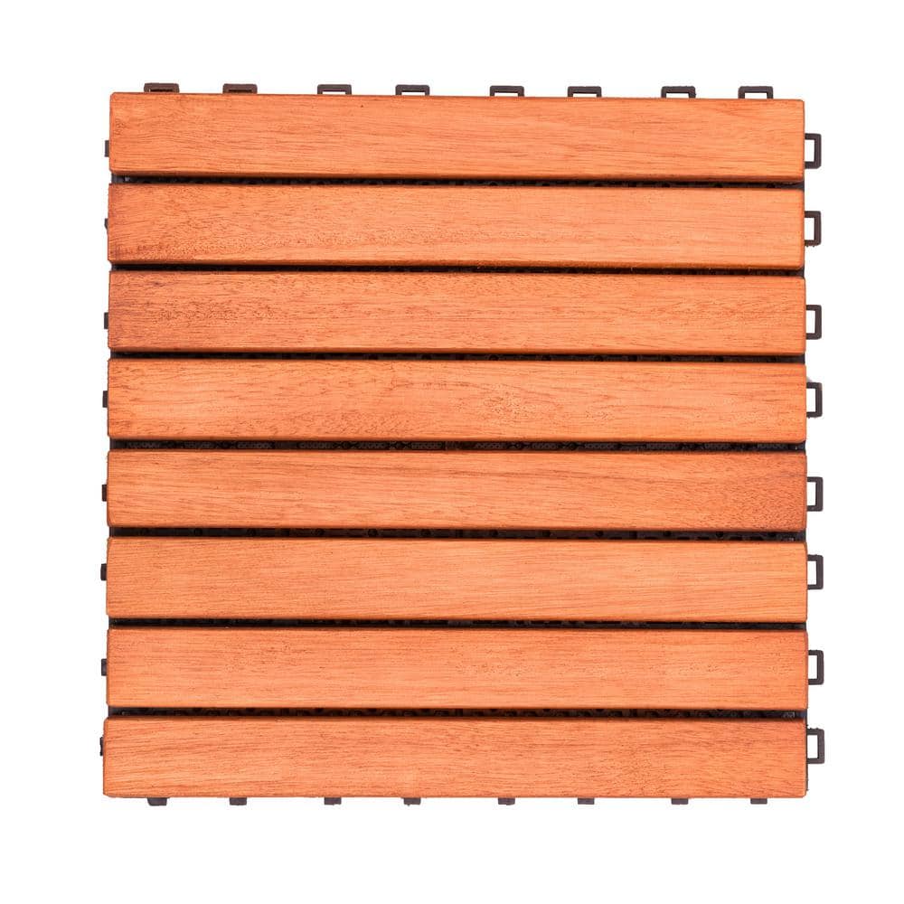 Siavonce 8-Slat Reddish Brown Wood Interlocking Deck Tile (Set of 10 -Tiles)