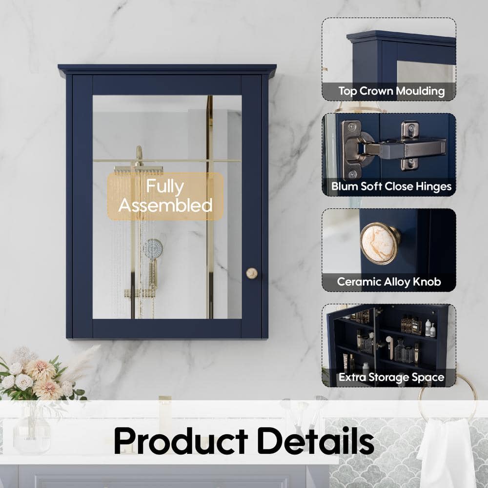 ANGELES HOME 24 in. W x 30 in. H Medium Rectangular Navy Blue Solid Wood Frame Surface Mount Soft Close Medicine Cabinet with Mirror