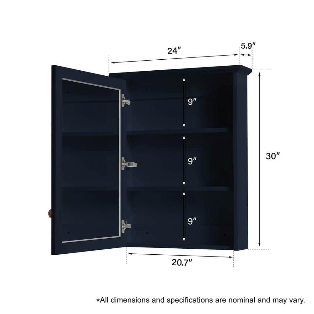 ANGELES HOME 24 in. W x 30 in. H Medium Rectangular Navy Blue Solid Wood Frame Surface Mount Soft Close Medicine Cabinet with Mirror