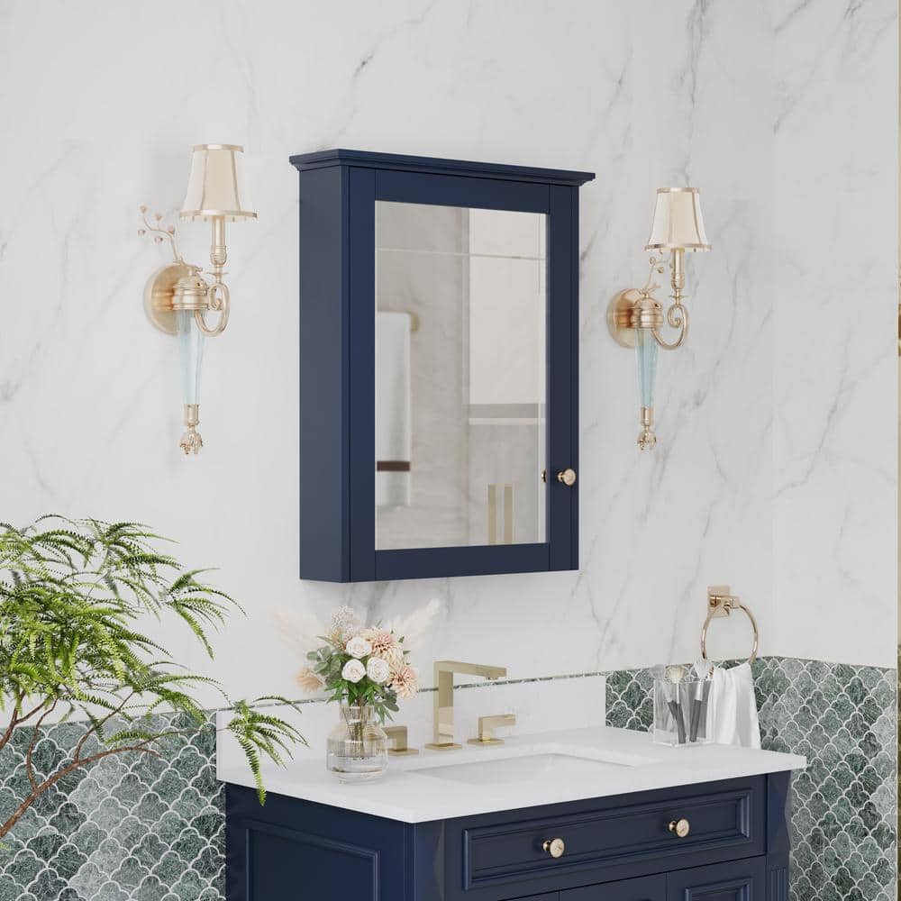 ANGELES HOME 24 in. W x 30 in. H Medium Rectangular Navy Blue Solid Wood Frame Surface Mount Soft Close Medicine Cabinet with Mirror