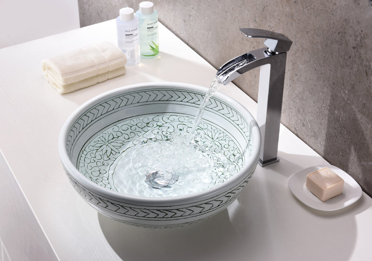 ANZZI Cadence Series 16.1-in Round Bathroom Vessel Sink, Décor White, Deco-Glass, Pop-Up Drain Included