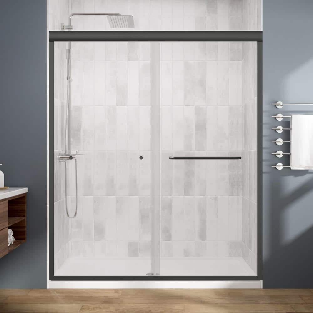 Nivencai 60 in. W x 70 in. H Sillding Semi-Frameless Shower Door in Matte Black with Tempered Clear Glass