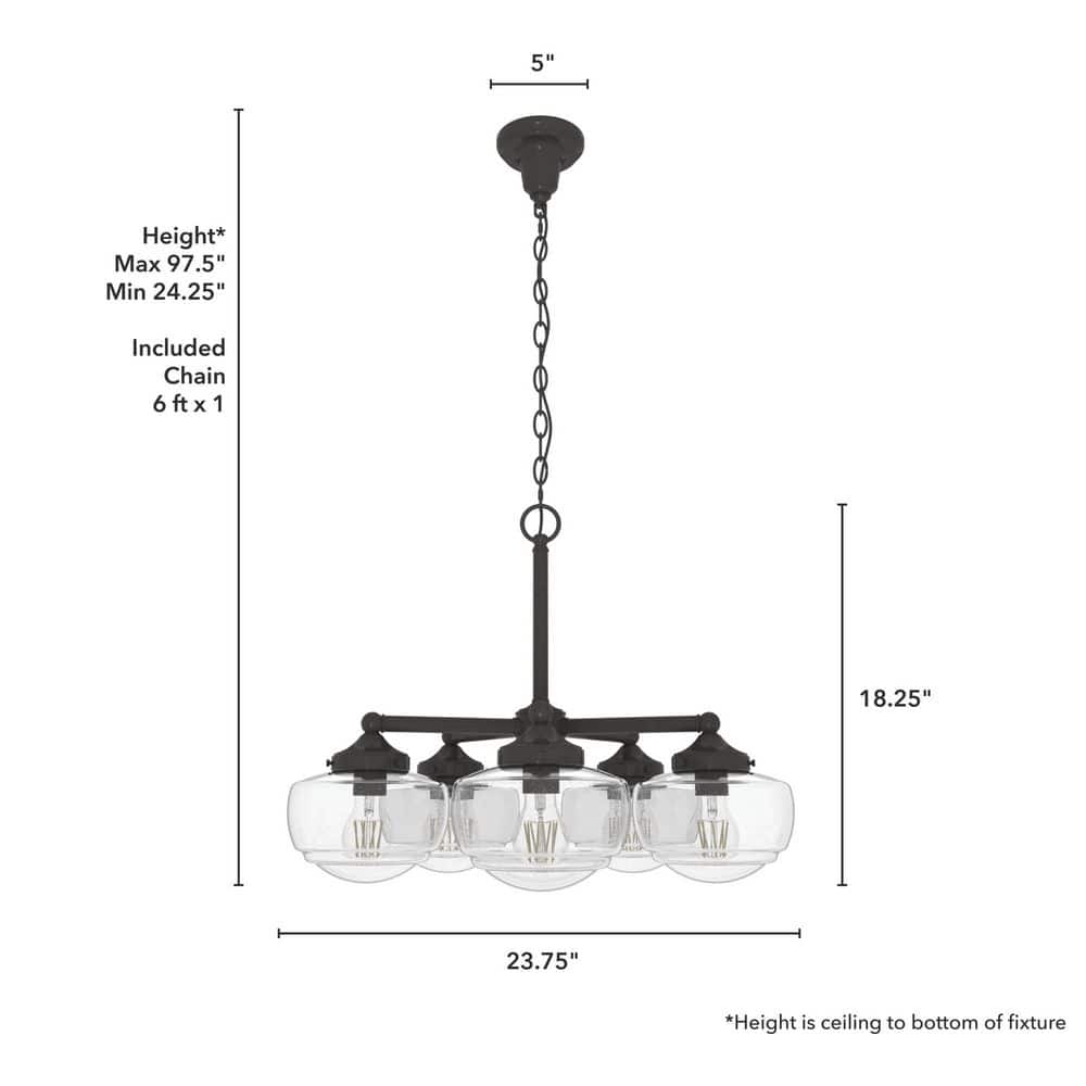 Hunter Saddle Creek 5-Light Noble Bronze Schoolhouse Chandelier with Clear Seeded Glass Shades