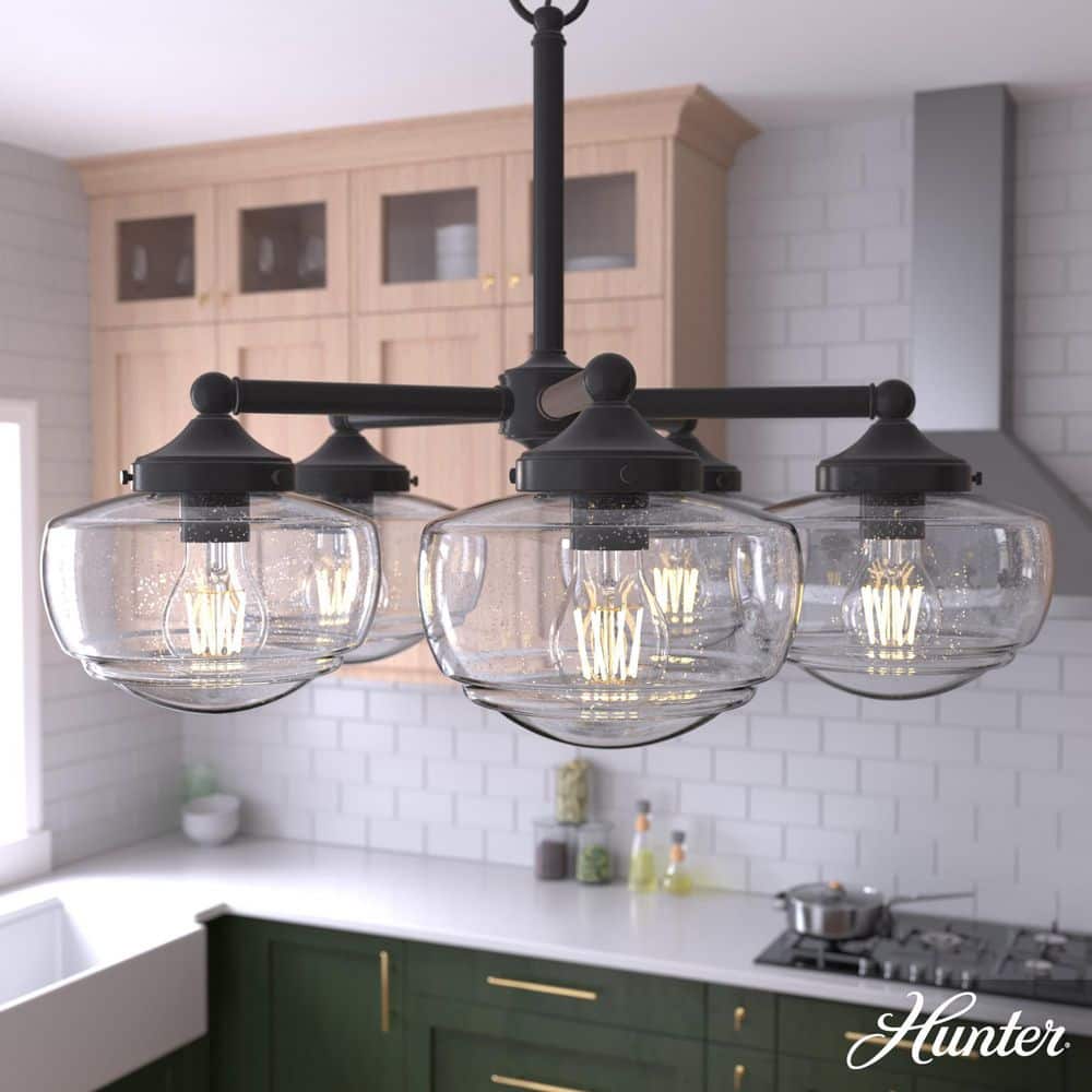Hunter Saddle Creek 5-Light Noble Bronze Schoolhouse Chandelier with Clear Seeded Glass Shades