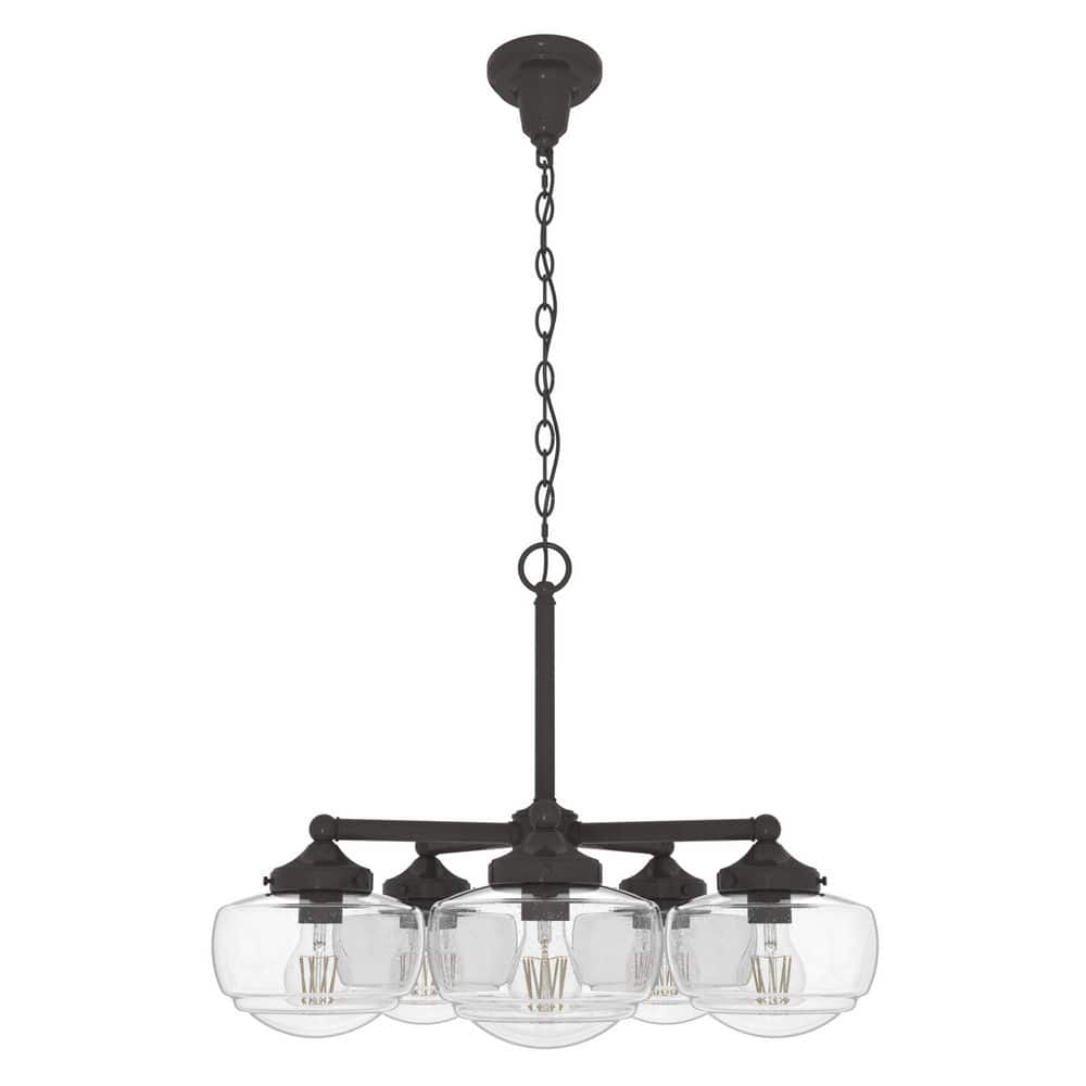 Hunter Saddle Creek 5-Light Noble Bronze Schoolhouse Chandelier with Clear Seeded Glass Shades