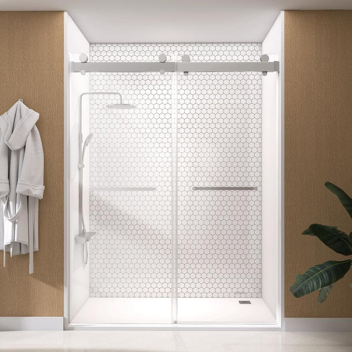 NTQ 60 in. W x 79 in. H Soft Close Double Sliding Bypass Frameless Glass Shower Door in Brushed Nickel 3/8 in. Clear Glass