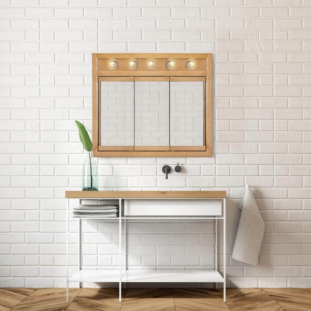 Design House Richland 36 in. x 30 in. x 5 in. Surface-Mount 5-Light Tri-View Bathroom Medicine Cabinet in Nutmeg Oak