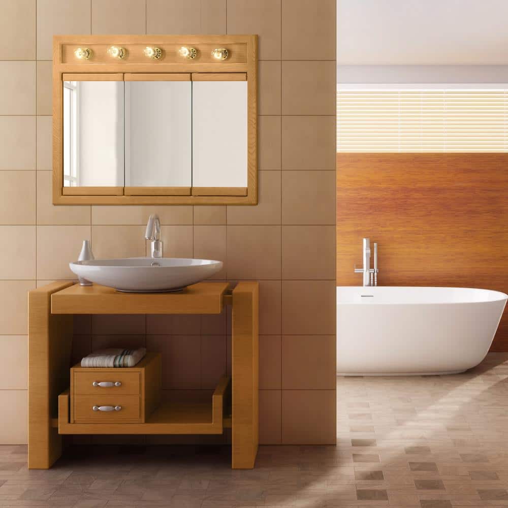Design House Richland 36 in. x 30 in. x 5 in. Surface-Mount 5-Light Tri-View Bathroom Medicine Cabinet in Nutmeg Oak