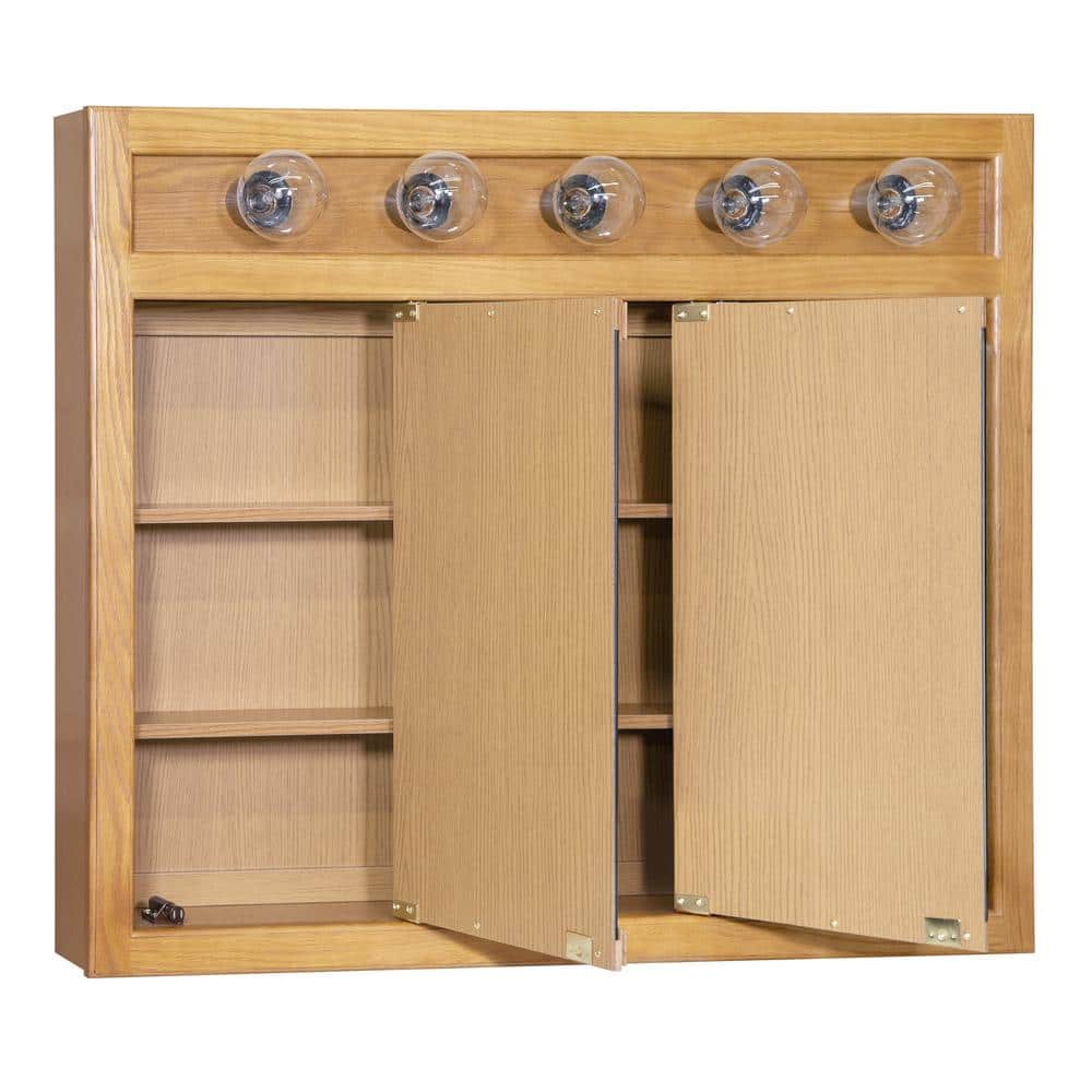 Design House Richland 36 in. x 30 in. x 5 in. Surface-Mount 5-Light Tri-View Bathroom Medicine Cabinet in Nutmeg Oak