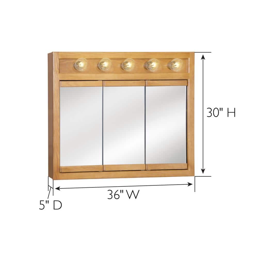 Design House Richland 36 in. x 30 in. x 5 in. Surface-Mount 5-Light Tri-View Bathroom Medicine Cabinet in Nutmeg Oak