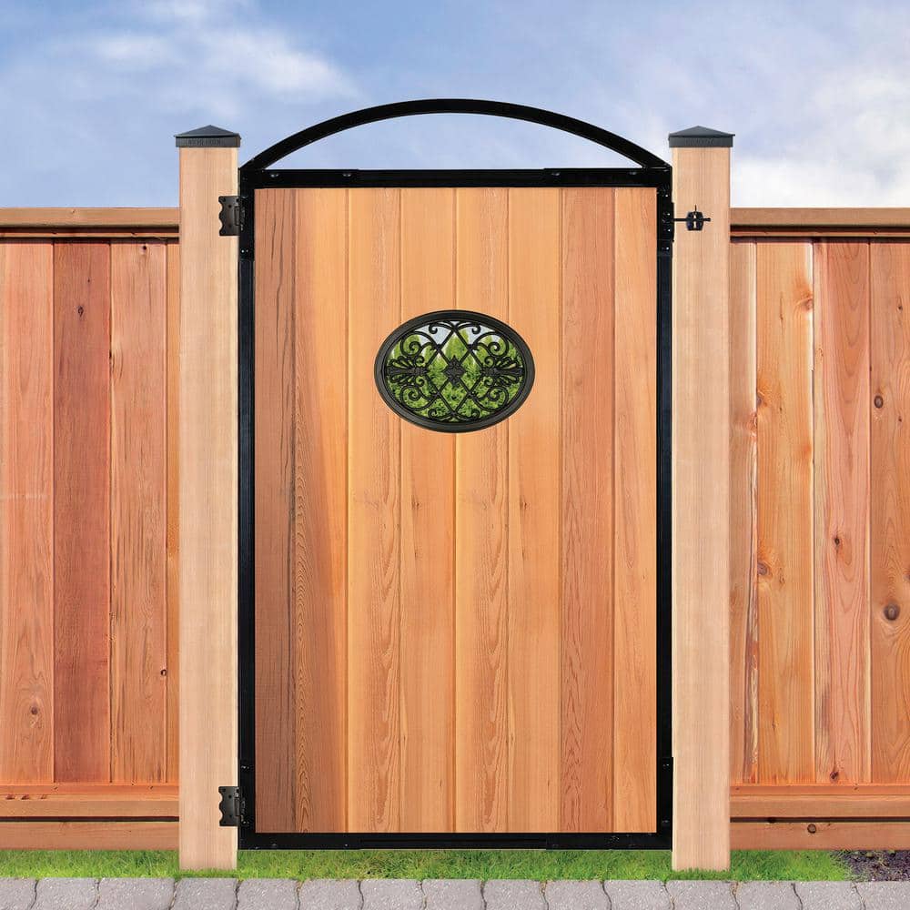 NUVO IRON EZ Install 8-Standard Fence Board Arched Pro Gate Frame with One 13 in. x 17 in. Oval Gate Insert