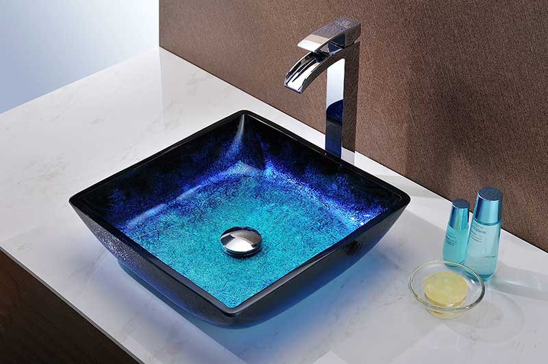 ANZZI Kuku Deco-Glass Vessel Sink, Blazing Blue, 15.125 x 15.125 x 4 in