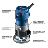 Bosch 1.25 HP Variable-Speed Palm Router Combo Kit with LED Lighting (GKF125CEPK)