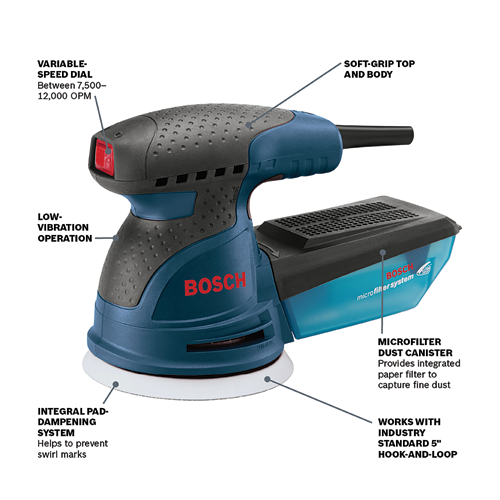 Bosch ROS20VSC 5 In. Random Orbit Palm Sander Kit with Microfilter Dust Canister