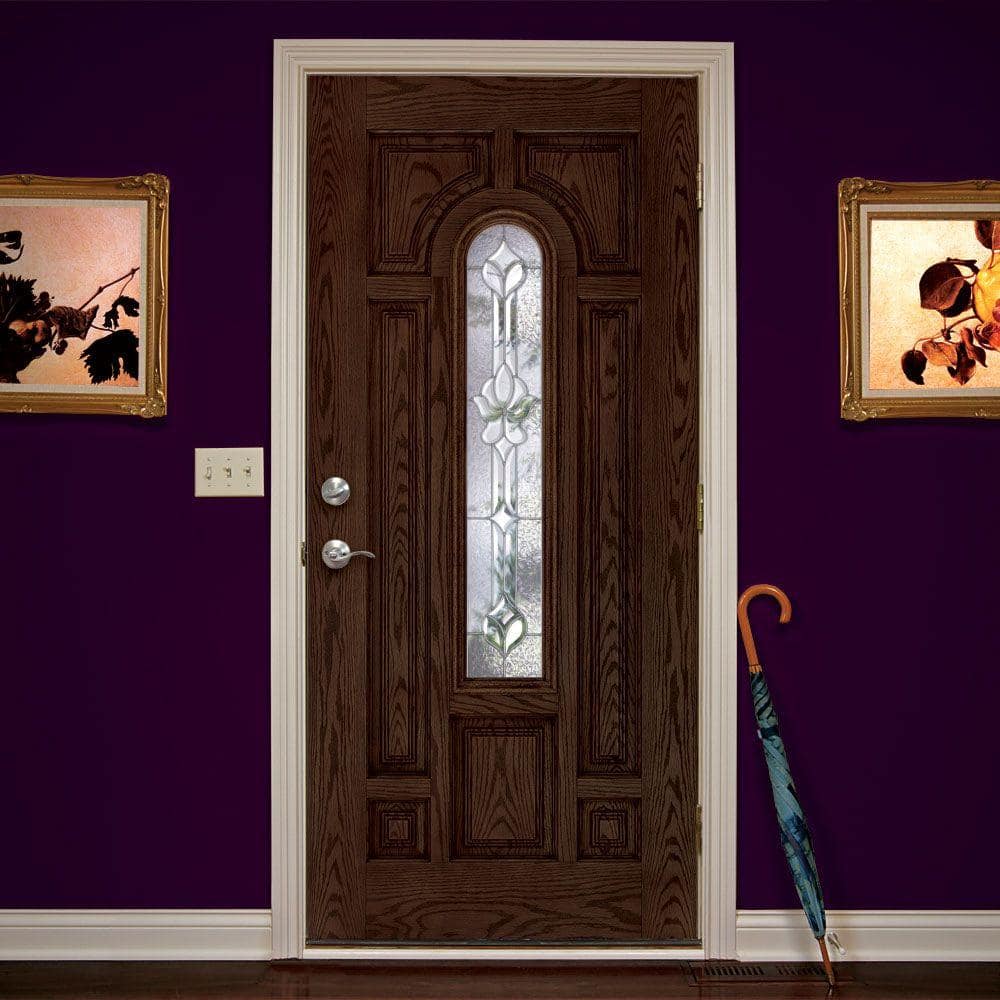 37.5 in. x 81.625 in. Medina Zinc Center Arch Lite Stained Walnut Oak Left-Hand Inswing Fiberglass Prehung Front Door