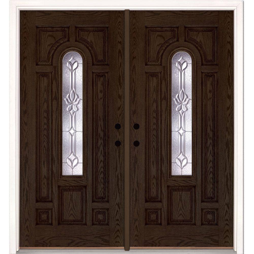 74 in. x 81.625 in. Medina Zinc Center Arch Lite Stained Walnut Oak Left-Hand Fiberglass Double Prehung Front Door