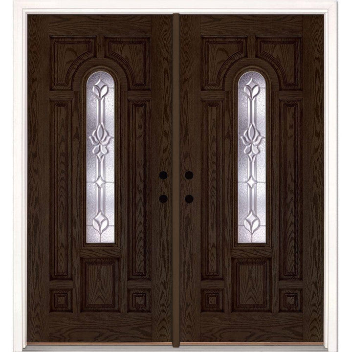 74 in. x 81.625 in. Medina Zinc Center Arch Lite Stained Walnut Oak Left-Hand Fiberglass Double Prehung Front Door