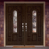 74 in. x 81.625 in. Medina Zinc Center Arch Lite Stained Walnut Oak Left-Hand Fiberglass Double Prehung Front Door