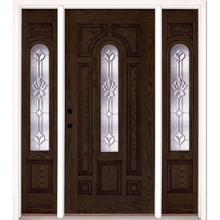 67.5 in.x81.625 in. Medina Zinc Center Arch Lt Stained Walnut Oak Right-Hand Fiberglass Prehung Front Door w/Sidelites