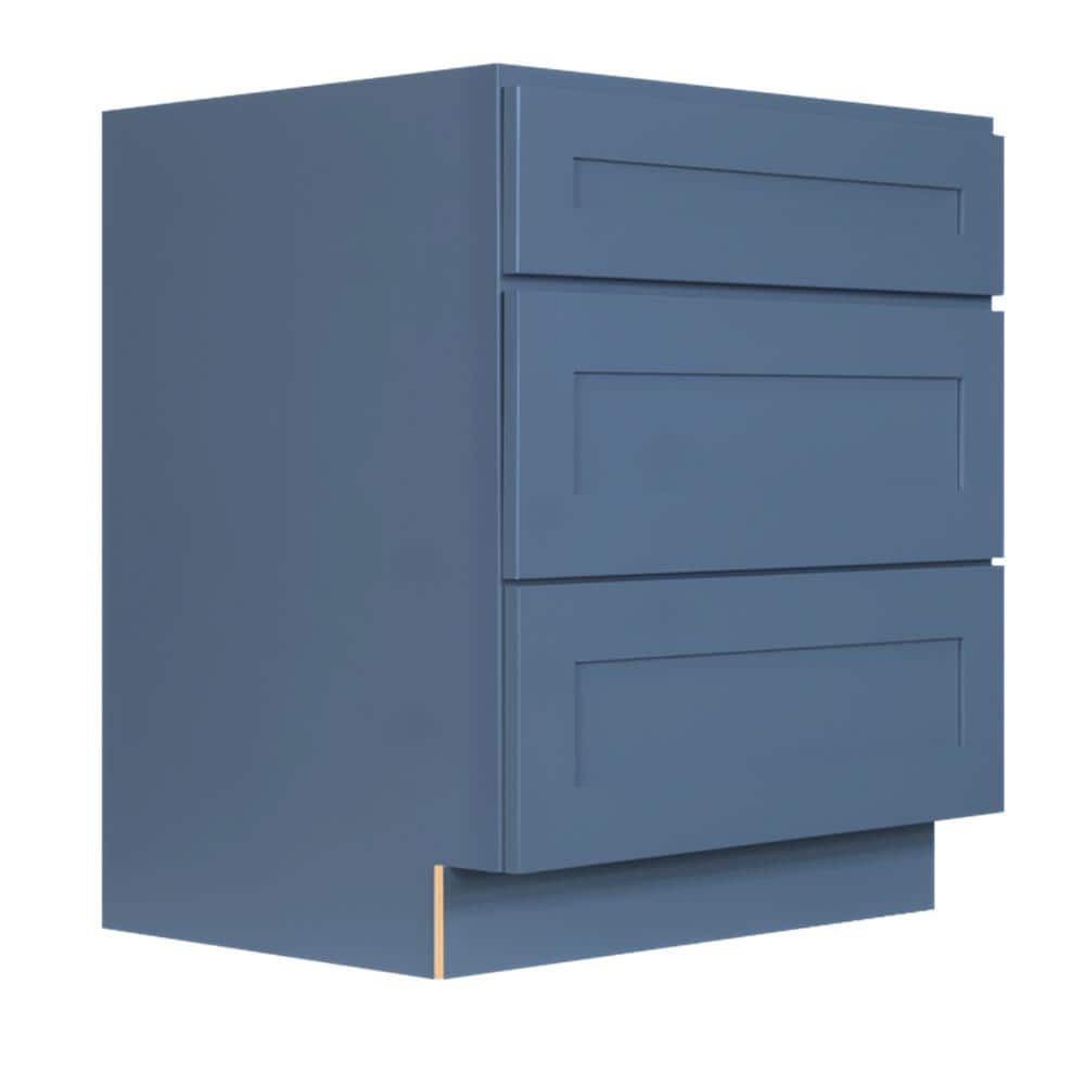 LIFEART CABINETRY Lancaster Blue Plywood Shaker Stock Assembled 3-Drawer Base Kitchen Cabinet 36 in. W x 34.5 in. D H x 24 in. D