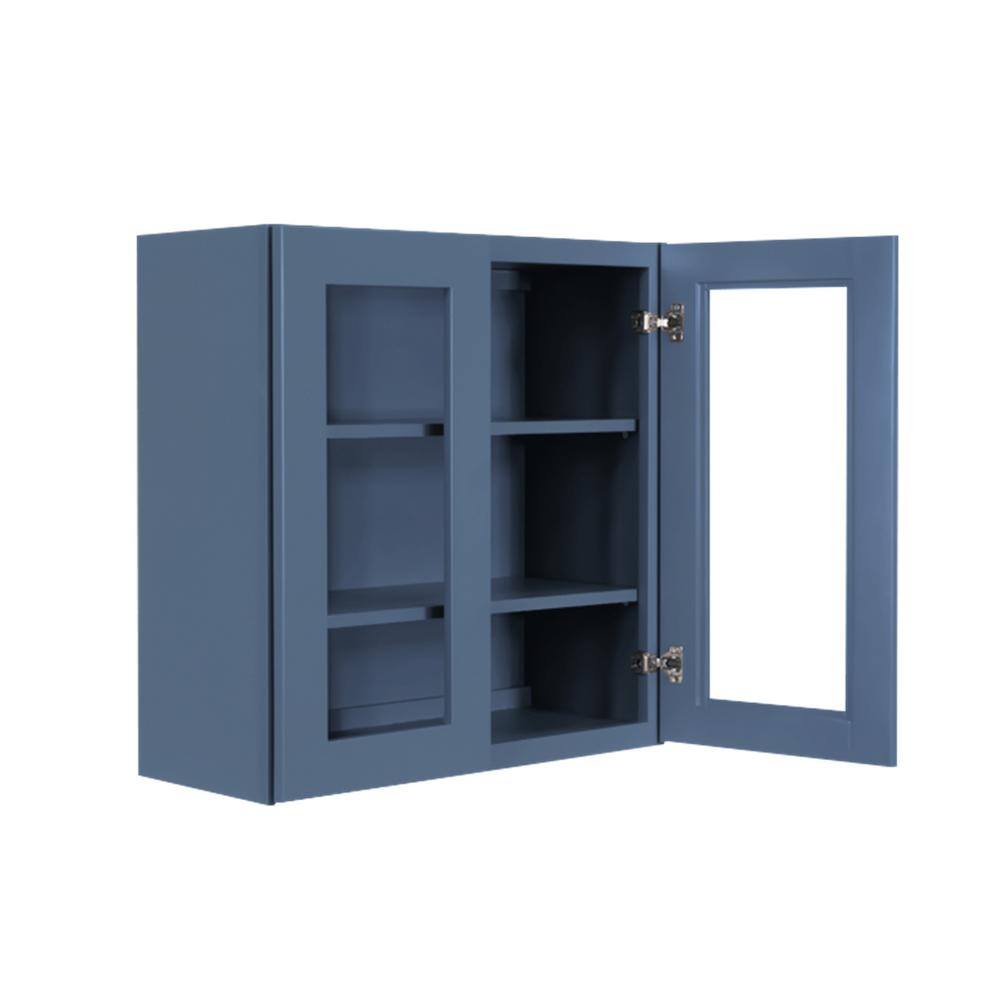 LIFEART CABINETRY Lancaster Blue Plywood Shaker Stock Assembled Wall Glass-Door Kitchen Cabinet 24 in. W x 12 in. D x 36 in. H