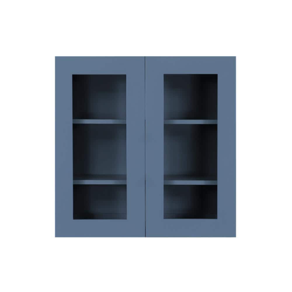 LIFEART CABINETRY Lancaster Blue Plywood Shaker Stock Assembled Wall Glass-Door Kitchen Cabinet 24 in. W x 12 in. D x 36 in. H