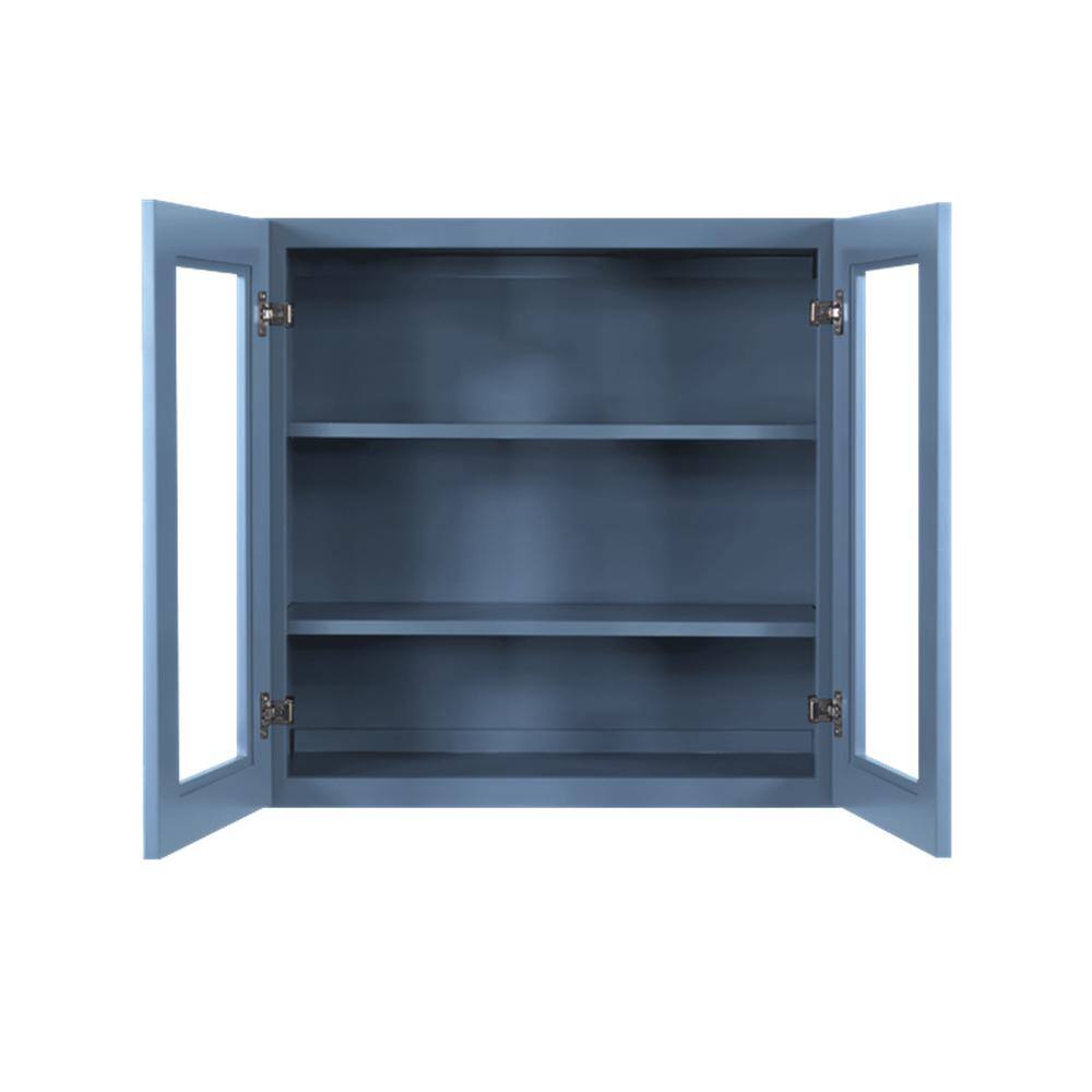 LIFEART CABINETRY Lancaster Blue Plywood Shaker Stock Assembled Wall Glass-Door Kitchen Cabinet 30 in. W x 12 in. D x 30 in. H