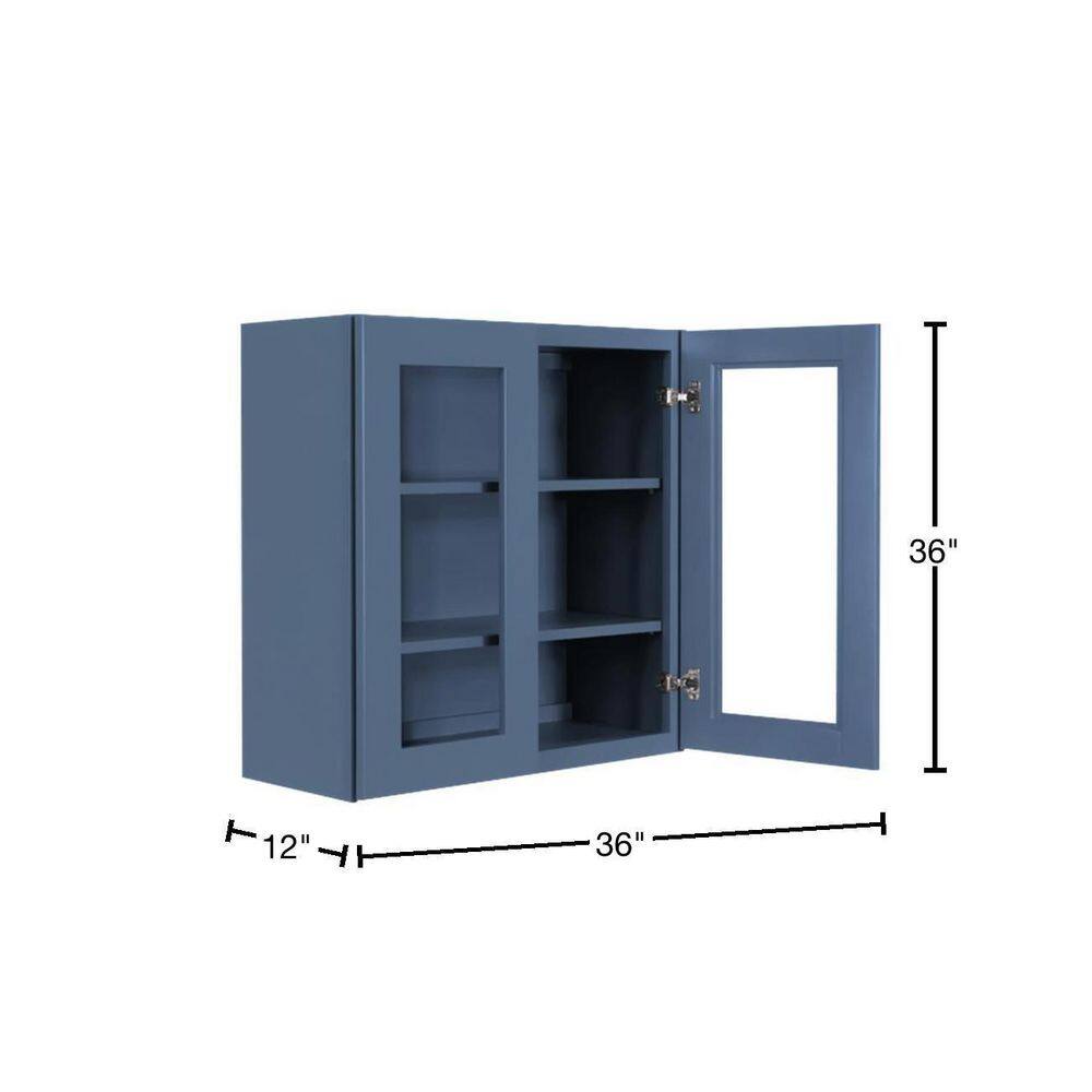 LIFEART CABINETRY Lancaster Blue Plywood Shaker Stock Assembled Wall Glass-Door Kitchen Cabinet 36 in. W x 12 in. D x 36 in. H