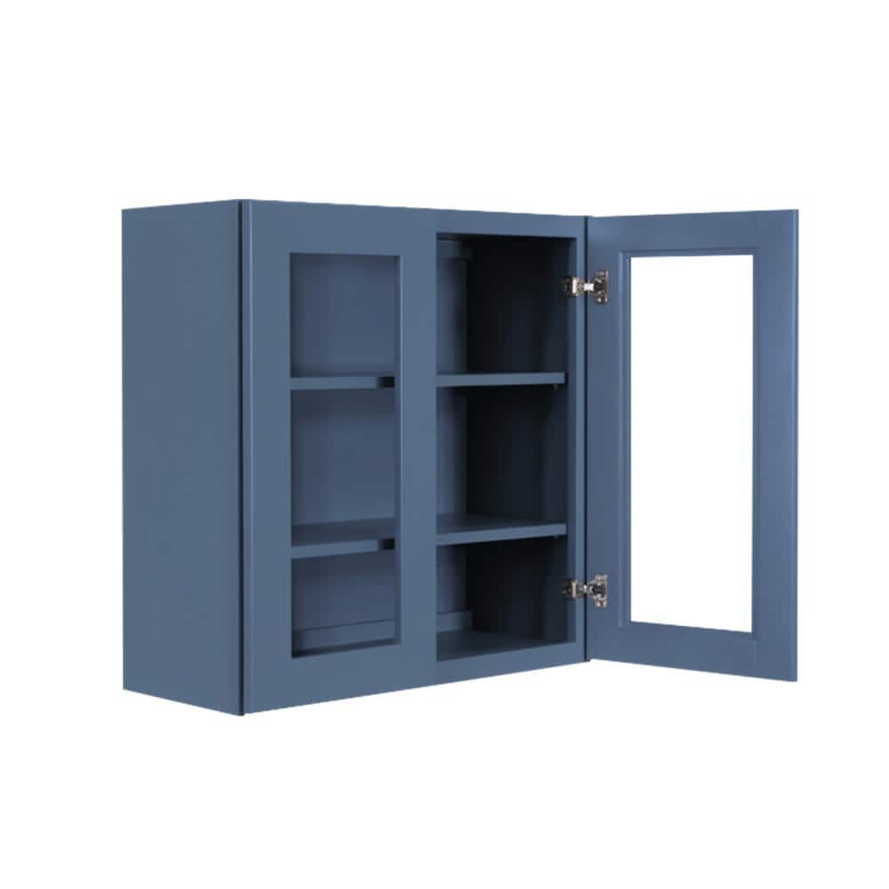 LIFEART CABINETRY Lancaster Blue Plywood Shaker Stock Assembled Wall Glass-Door Kitchen Cabinet 36 in. W x 12 in. D x 36 in. H