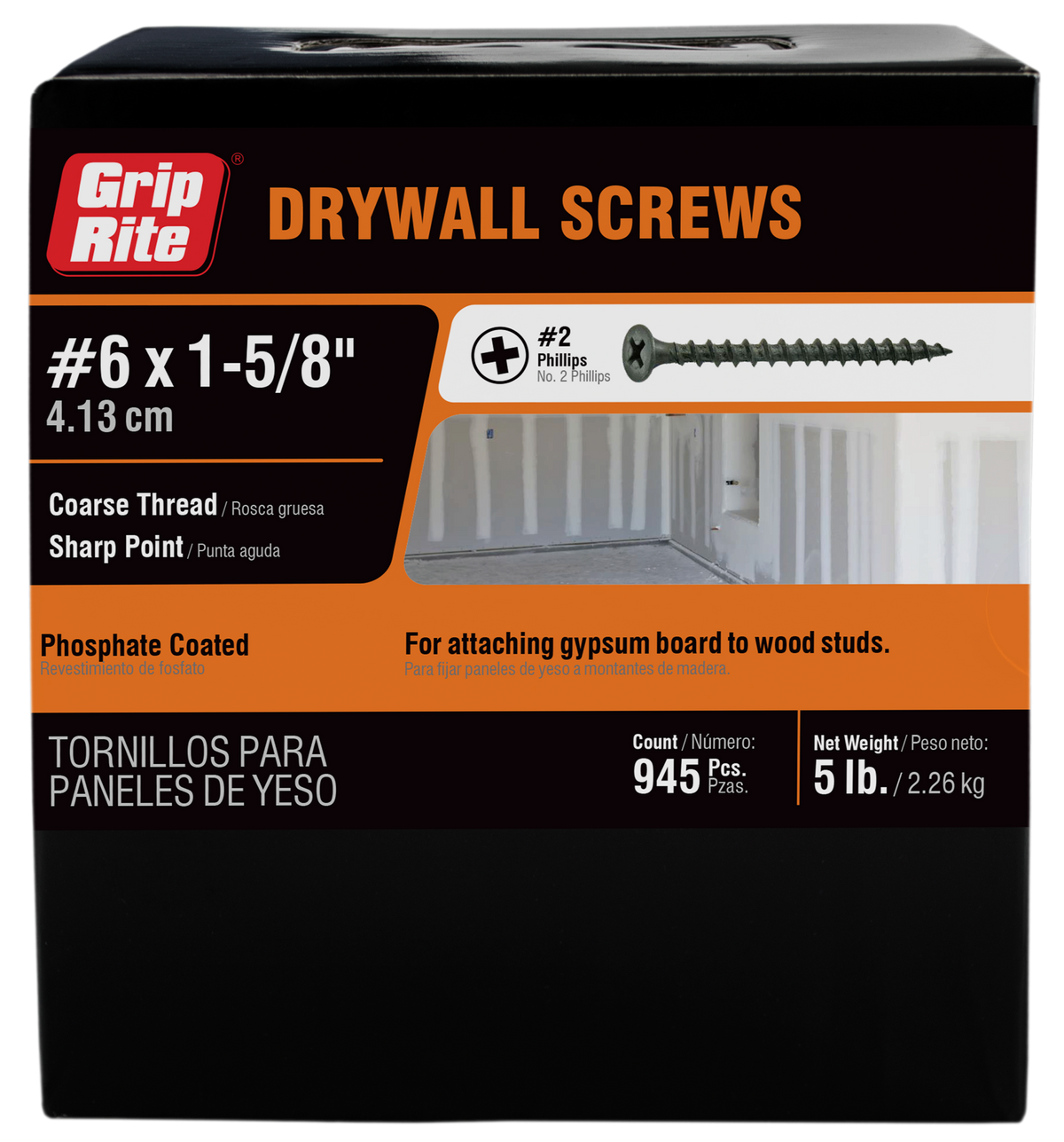 Grip-Rite #6 x 1 in. Phillips Bugle-Head Coarse Thread Sharp Point Drywall Screws, Black Phosphate (1 lb Pack)